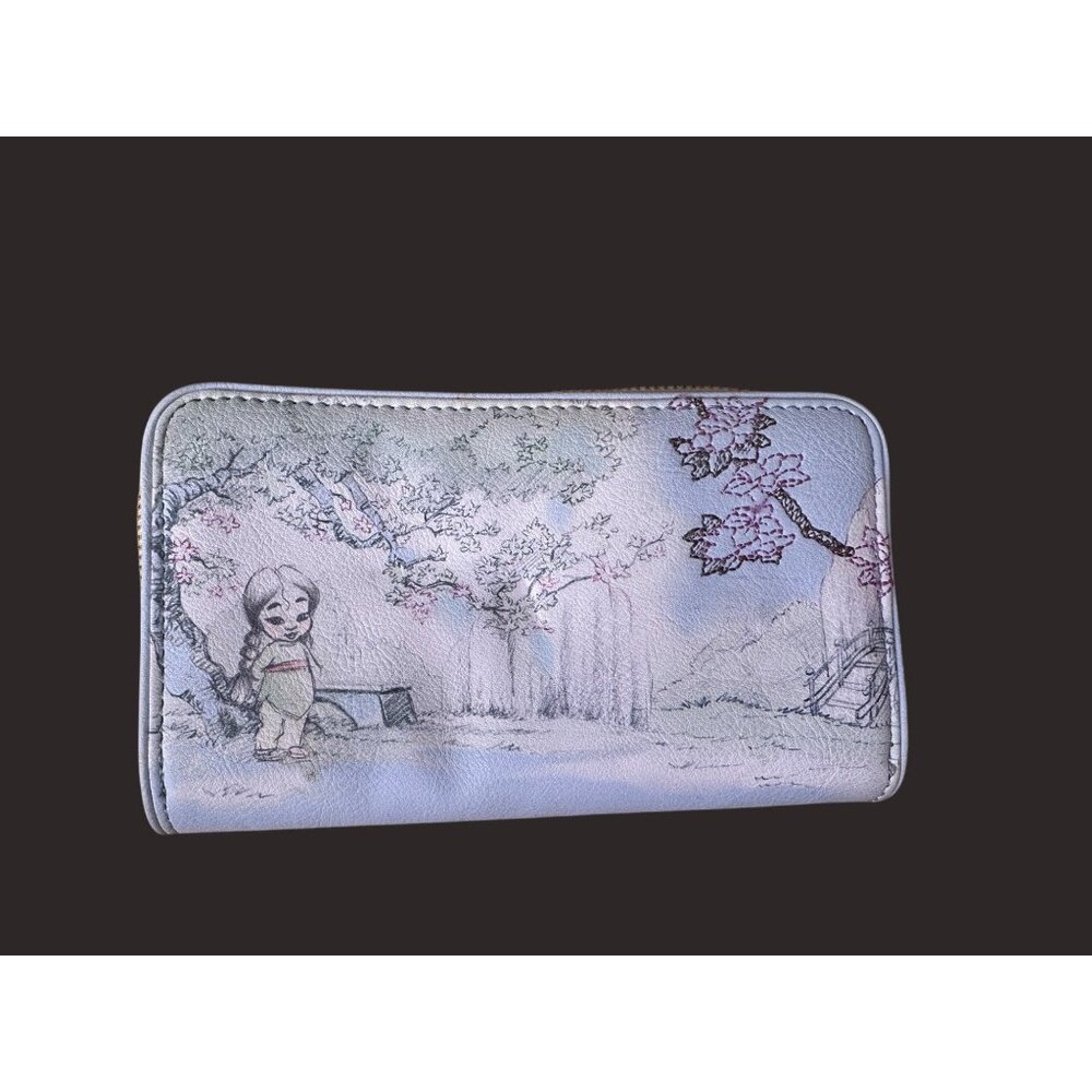 Disney Store Pale Blue Wallet ‎ Mulan & Cherry Blossom Art Zip Closure no strap